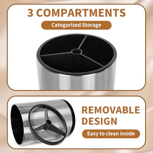Extra Large Kitchen Utensil Holder, 360° Rotating Stainless Steel Cooking Utensil Holder for Countertop, 3 Compartment Flatware Organizer & Cooking Caddy with Removable Base（Silvery） - view 4