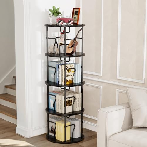 4 Tier Rotating Bookshelf Tower, 360° Display Round Bookcase, Floor Standing Corner Revolving Bookshelf Organizer Storage Rack for Small Spaces, Home Study Office, Black - view 7