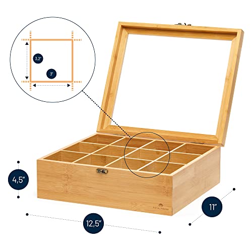 Natural Bamboo Tea Storage Organizer, Clear Acrylic Top, 12 Compartments - view 3