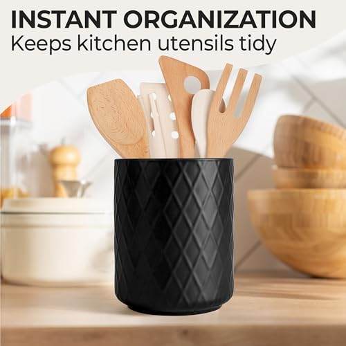 Kitchen Utensil Holder Ceramic/Kitchen Organizer Set, Farmhouse Decor for Organizing Countertop and Storing Cutlery, Cooking Spoons, and Accessories - Palmanova Collection (Black) - view 4