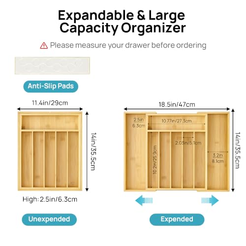 Silverware Organizer, Bamboo Kitchen Drawer Tray, Natural, Large - view 5