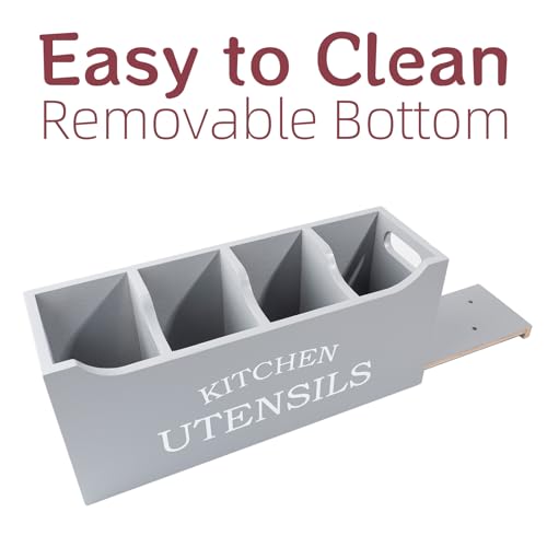 Kitchen Utensil Holder with Drainage Bottom, Extra Large 4 Compartments Solid Real Wood Utensil Organizer for Kitchen Counter, Farmhouse Cooking Tools Storage for Countertop, Grey - view 7