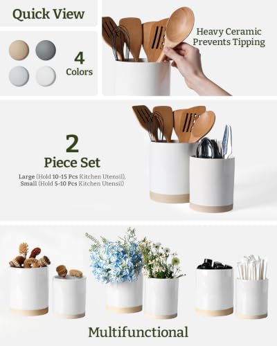 Ceramic Utensil Holder, 7.2"+5.8", Set of 2, White - view 2