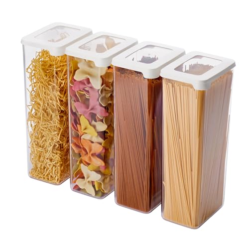 Clear Airtight Dry Food Containers with Lids | 2.25L Set of 4 | Organiser for pasta, spaghetti | BPA Free | Dishwasher Safe | Stacking Kitchen Storage | 12.5x9x28cm