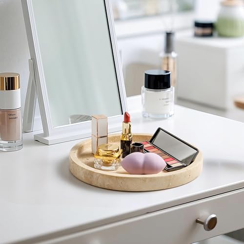 Natural Marble Vanity Tray for Bathroom Kitchen Dresser, Travertine Stone Decorative Trays for Jewelry, Perfume, Cosmetic, Candle, Round Countertop Storage Organizer for Home Decor Beige (WH019) - view 5