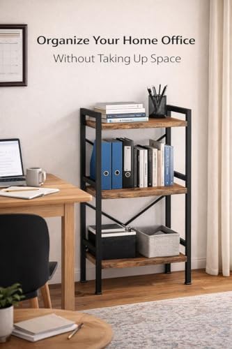 Small Bookshelf for Small Spaces, 3-Tier Industrial Bookcase with Metal Frame and Wood Shelves, Narrow Storage Shelf for Living Room, Bedroom, Apartment - view 4
