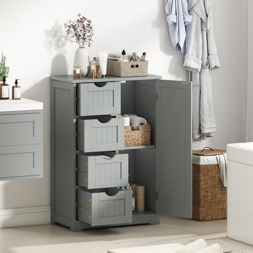 Bathroom Cabinet, Freestanding Storage Cabinet with 1 Door & 4 Drawers, 3-Level Adjustable Shelf, Anti-toppling System, Modern Storage Organizer for Bathroom, Living Room, Kitchen (Gray) - view 2