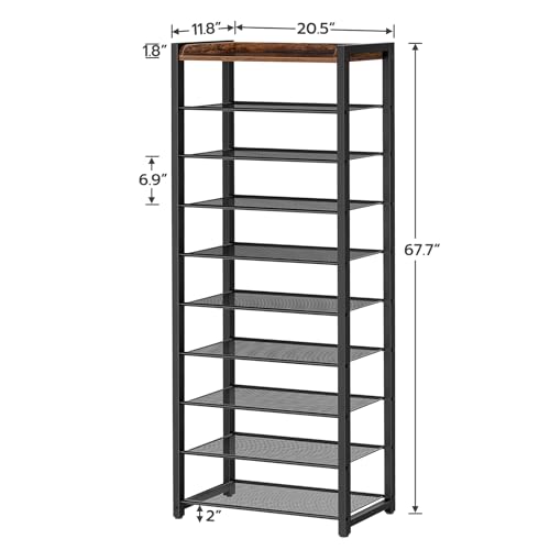 10 Tier Shoe Rack, Large Capacity Shoe Storage for 18-20 Pairs, Sturdy Metal Shoe Shelf for Closet Entryway, Space Saving Shoe Organizer for Sneakers Heels, Rustic Brown BF40XJ01 - view 3