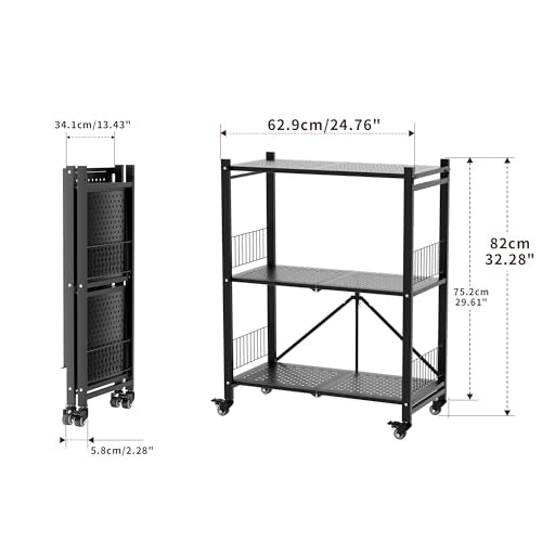 Folding Storage Shelves No Assembly, 3 Tier Metal Foldable Shelves with Wheels, Collapsible Rolling Storage Rack for Laundry Room Garage Small Spaces, Black - view 2