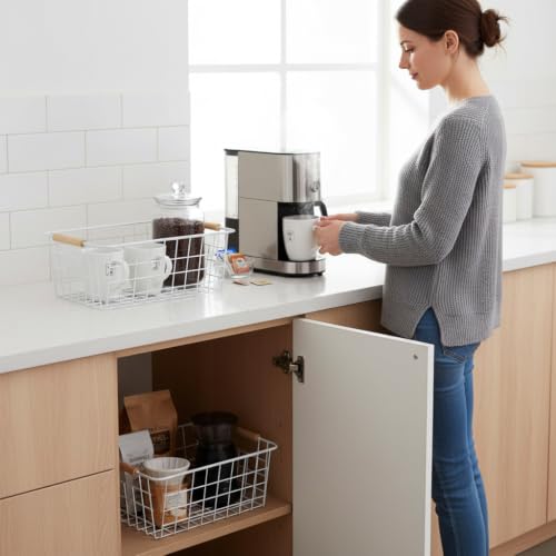 White wire baskets for organizing with Wooden Handles Storage Organizer Baskets, Household snack basket for Cabinets, Pantry, Closets, Bedrooms, pantry organizers and storage - Set of 2（White） - view 5
