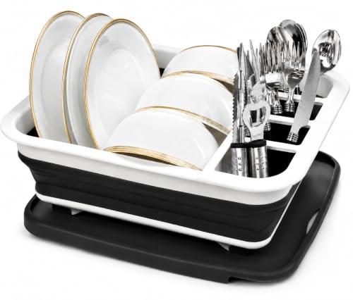 Pop-Up Collapsible Dish Drying Rack: Convenient Storage, Drains into Sink, Eight Large Plate Capacity, Sectional Cutlery and Utensil Compartment. Compact and Portable Design.