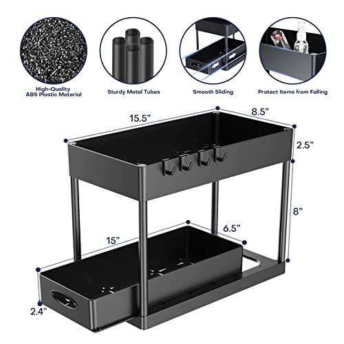 Cucn Under Sink Organizer, 2 Tier Under Sliding Cabinet Basket Organizer Drawer with Hooks, Under Sink Organizers and Storage Under Cabinet Storage for Bathroom Kitchen, Black - view 7