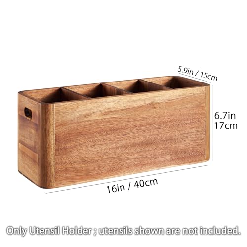 16" Wooden Kitchen Utensil Holder, Extra Large Acacia Wood Organizer for Cooking Tools, Utensils & Cutlery Storage – 4-Compartment Countertop Holder - view 2