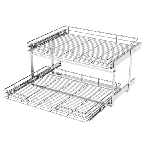 2 Tier Individual Pull Out Cabinet Organizer 25½" W x 21½" D, Slide Out Kitchen Cabinet Storage Sliding Shelves
