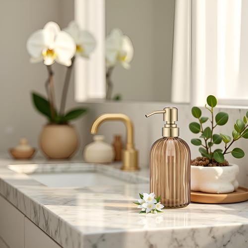 16 Oz Amber Glass Soap Dispenser,Stainless Steel Brushed Gold Pump Vertical Stripes Design for Bathroom Hand Soap & Kitchen Dish Soap,Brown Liquid Soap Dispenser for Countertops ﻿ - view 3