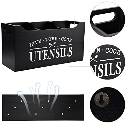 Kitchen Utensil Holder with Drainage Bottom, Large 3 Compartments Solid Real Wood Utensil Organizer for Kitchen Counter, Farmhouse Cooking Tools Storage for Countertop, Black - view 5