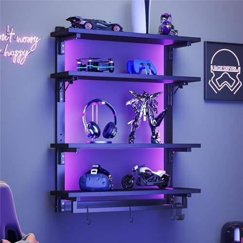 24" Foldable Gaming Floating Shelves with LED Lights, 4 Tier Display Rack with Adjustable Shelf, Wall Mounted Shelf with Hanging Rod and 8 S-Hooks for Gaming Room, Black