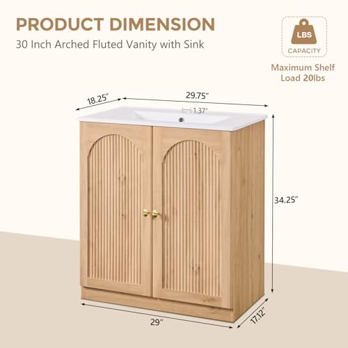 30 Inch Arched Bathroom Vanity with Sink, Fluted Design, Natural Oak - view 2