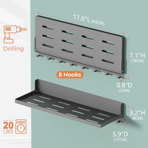 Folding Shelf with Hooks Wall Mount, Laundry Room Metal Shelves, Fold Up 90° and 8 Hooks, Foldable Storage Wall Shelf for Rv, Utility Room, Garage, Space Saving, Black（17.0", 2 Pack） - view 3