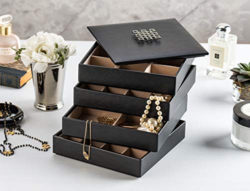 Co Earring Organizer Tray - 4 Stackable Trays with Lid -45 Slot Classic Jewelry Storage Display Case for Drawer or Dresser - Holder for Earring Ring Necklace or Cufflinks - Large Mirror - Black - view 2