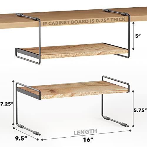 Cabinet Shelf Organizers 2 Pack, Kitchen Counter Organizer Rack Under Shelves Riser, Pantry Cupboard Storage Organization, Metal and Wood, Black and Natural, 16" Wide - view 2