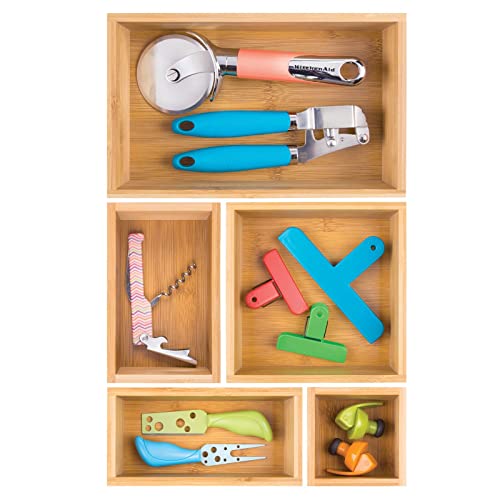 Bamboo Wood Kitchen Cabinet Drawer Organizer Tray Bins - Multipurpose - Use in Drawers, on Countertops, Shelves or in Pantry - Varied Sizes - Echo Collection - Set of 5 - Natural - view 5