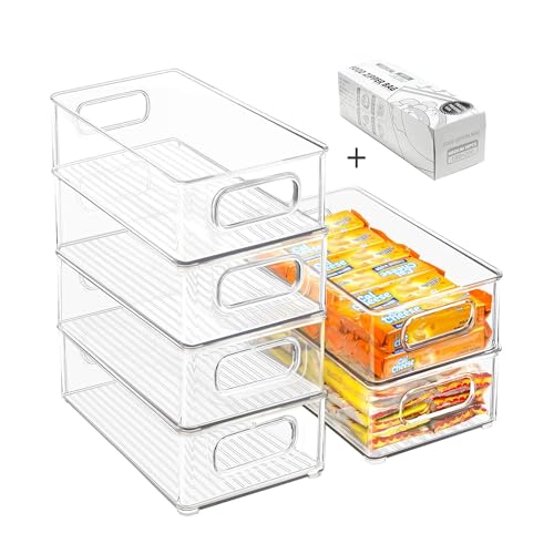 Stackable Refrigerator Organizer Bins, 6 Pack Clear Kitchen Organizer Container Bins with Handles and 20 PCS Plastic Bags for Pantry, Cabinets, Shelves, Drawer, Freezer - Food Safe, BPA Free 10"L - view 4