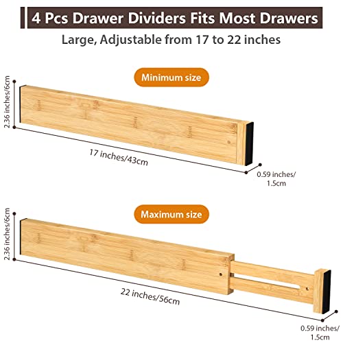 4 Pack Bamboo Drawer Dividers 17-22" Adjustable Kitchen Organizer, Natural - view 2