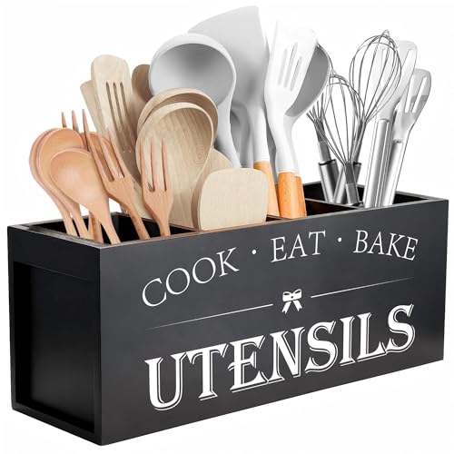Extra Large Utensil Holder Countertop for Kitchen Counter,Wood,Black