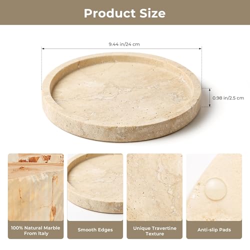 Natural Marble Vanity Tray for Bathroom Kitchen Dresser, Travertine Stone Decorative Trays for Jewelry, Perfume, Cosmetic, Candle, Round Countertop Storage Organizer for Home Decor Beige (WH019) - view 3