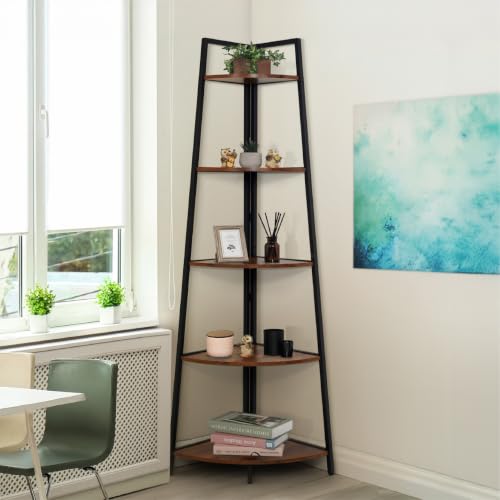 5-Tier Corner Shelf Stand, Tall Display Shelves, Ladder Corner Wood Storage Plant Bookshelf with Metal Frame, Versatile Shelving Unit Bookcase for Home Office Space, Rustic Oak