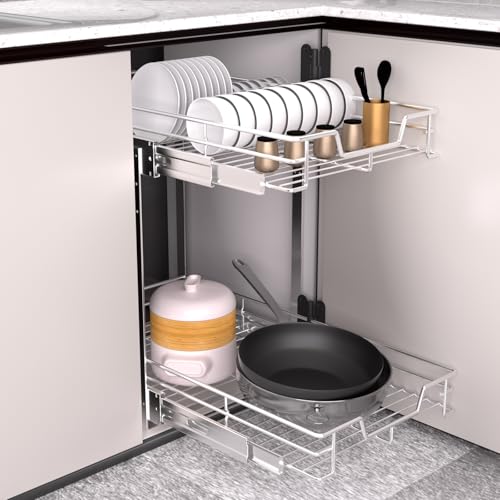 Pull Out Cabinet Organizer 11.5" W x 21" D, 2-Tier Kitchen Cabinet Pullout Shelf and Drawer Organizer Slide Out Pantry Storage Basket, 10.2" W x 21" D x 2.4" H for Bottom Basket Size - view 5