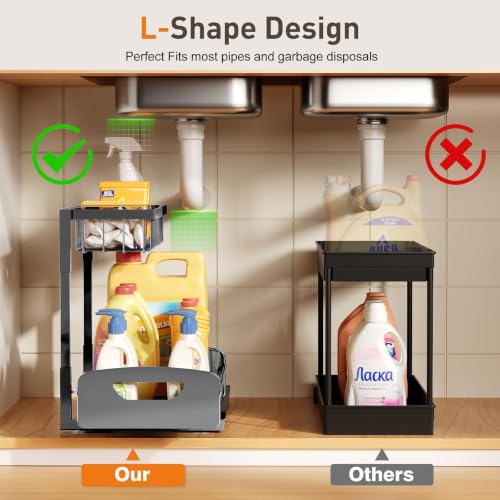 Under Kitchen Sink Organizer, Metal Pull Out Bathroom Organizers and Storage, 2-Tier Cabinet Organizer Shelf with Sliding Drawer, Home Organization for Kitchen, Laundry, Pantry, Dark Grey, 2 pack - view 6