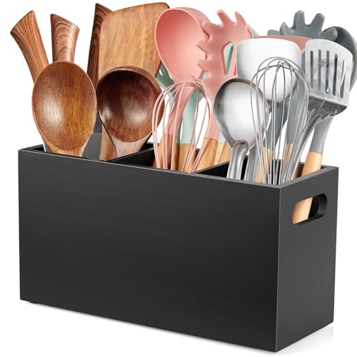 Black Kitchen Utensil Holder for Countertop - Wooden Large Utensil Caddy Organizer for Counter - 3 Compartment Cooking Utensil Crock for Silverware Spoon Spatula