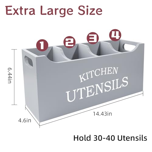 Kitchen Utensil Holder with Drainage Bottom, Extra Large 4 Compartments Solid Real Wood Utensil Organizer for Kitchen Counter, Farmhouse Cooking Tools Storage for Countertop, Grey - view 4