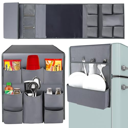 Mini Fridge Organizers and Storage - College Dorms Must Haves - Large Pockets with Dividers Holds Pantry Goods, Utensils, Paper Towel, Plastic Wrap Ideal Mini Fridge Shelf for Dorm and Office (Grey)…