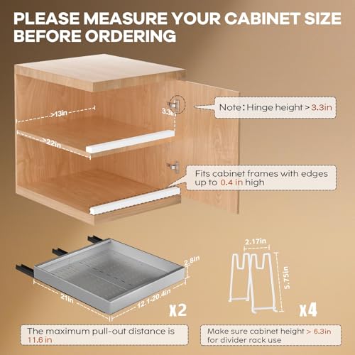 2 Pack Pull out Cabinet Organizer 21"Deep With Raising Pad for Framed Cabinets, Expandable Slide out Drawers for Kitchen Cabinets with 4pcs Divider Racks,Roll out Shelves 12.1"-20.4" W Silver - view 2