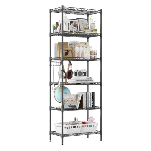 6-Tier Storage Shelf Wire Shelving Unit Free Standing Rack Organization Adjustable Leveling Feet, Stainless Side Hooks, Black
