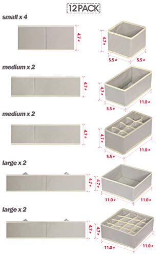 12 Pack Foldable Drawer Organizer Dividers Cloth Storage Box Closet Dresser Organizer Cube Fabric Containers Basket Bins for Underwear Bras Socks Panties Lingeries Nursery Baby Clothes Gray - view 2