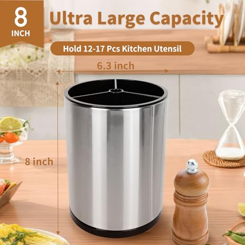 Extra Large Kitchen Utensil Holder, 360° Rotating Stainless Steel Cooking Utensil Holder for Countertop, 3 Compartment Flatware Organizer & Cooking Caddy with Removable Base（Silvery） - view 2