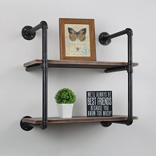 Industrial Pipe Shelving Wall Mounted,24in Rustic Metal Floating Shelves,Steampunk Real Wood Book Shelves,Wall Shelf Unit Bookshelf Hanging Wall Shelves,Farmhouse Kitchen Bar Shelving(2 Tier) - view 7