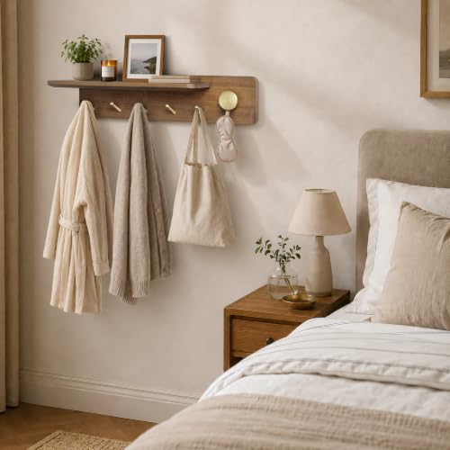 Coat Rack Wall Mount with Shelf, Solid Wood, 5 Brass Hooks, Brown - view 7