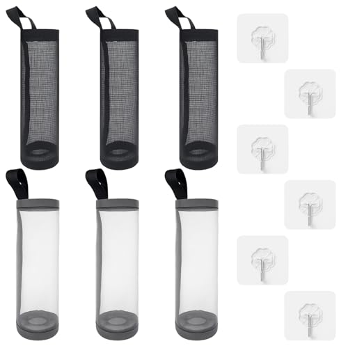 12pc Grocery Bag Holder, Plastic Bag Holders for Grocery Bags, Hooks Set, 3 Gray and 3 Black Grocery Bag Holder Plus 6 Extra Hooks, Durable and Space-Saving Solution for Kitchen Storage