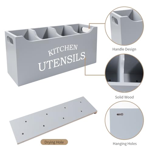 Kitchen Utensil Holder with Drainage Bottom, Extra Large 4 Compartments Solid Real Wood Utensil Organizer for Kitchen Counter, Farmhouse Cooking Tools Storage for Countertop, Grey - view 6