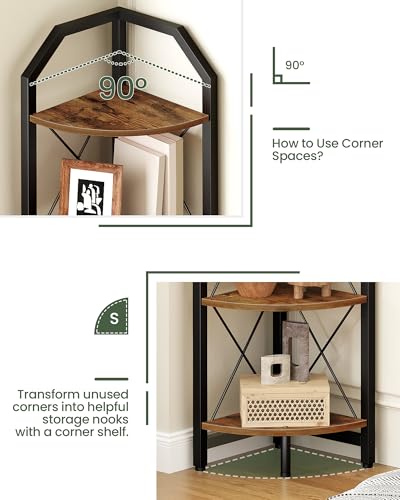 59.4" Corner Shelf, 5-Tier Industrial Corner Bookshelf, Corner Storage Stand, Plant Stand Display Shelf, Bookcase for Bedroom, Living Room, Home Office, Rustic Brown and Black TCJ10BF - view 2