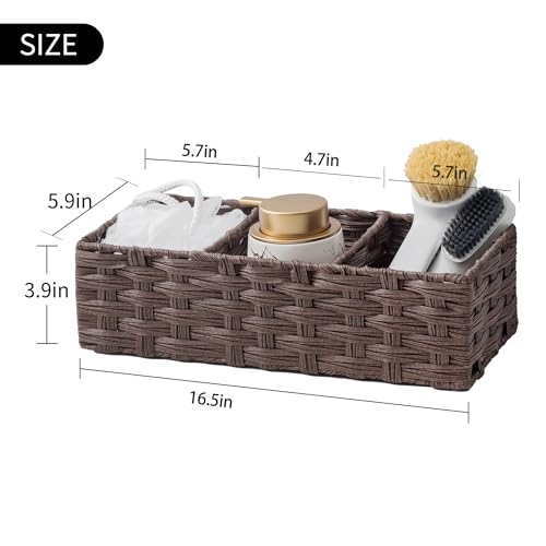 Toilet Tank Topper Paper Basket Multiuse Hand Woven Plastic Wicker Basket Bins with Divider for Shelves Rustic Farmhouse Bathroom Decor Countertop Organizer Storage - view 2