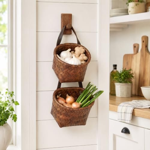 Wall Hanging Storage Baskets, Faux Rattan Woven Bins with Leather Handles - view 3