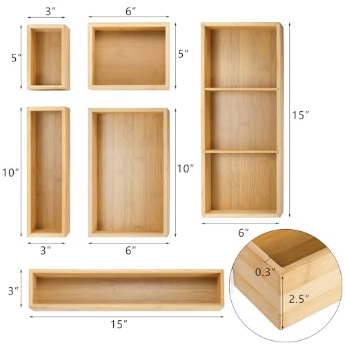Set of 6 Bamboo Drawer Organizer Storage Box, Adjustable Cutlery Drawer Organizer, Silverware Organizer Multi-Use for Office, Home, Kitchen, Bedroom, Bathroom - view 2