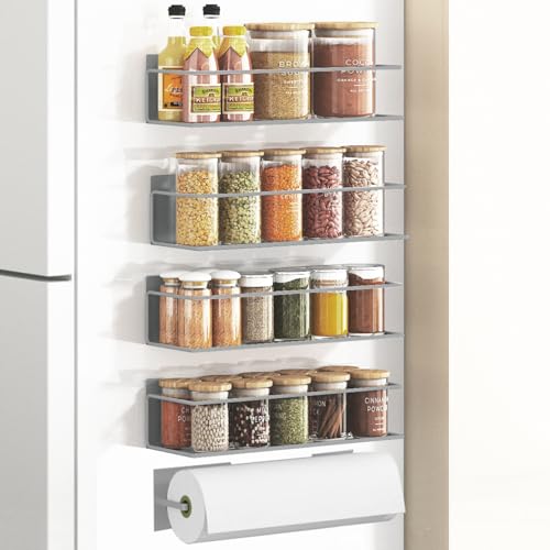 Magnetic Spice Rack For Refrigerator, Magnetic Fridge Shelf For Kitchen, Magnetic Shelf For Fridge Space Saving Black 4 Pack With Magnetic Paper Towel Holder - view 7