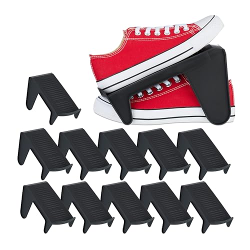 Shoe Stacker, 12x Set, up to Size 39, Wardrobe & Closet Storage Solution, Organisation System, Plastic, Black, 13.5 x 11.5 x 24.5 cm